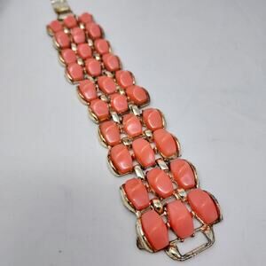 Vintage Thermoset Panel Bracelet Pumpkin Orange Gold Tone Foldover 7.5" L 1.4" W
